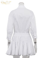 White Cotton Lapel Mini Dress - Long Sleeve Pleated A-Line Dress for Women
