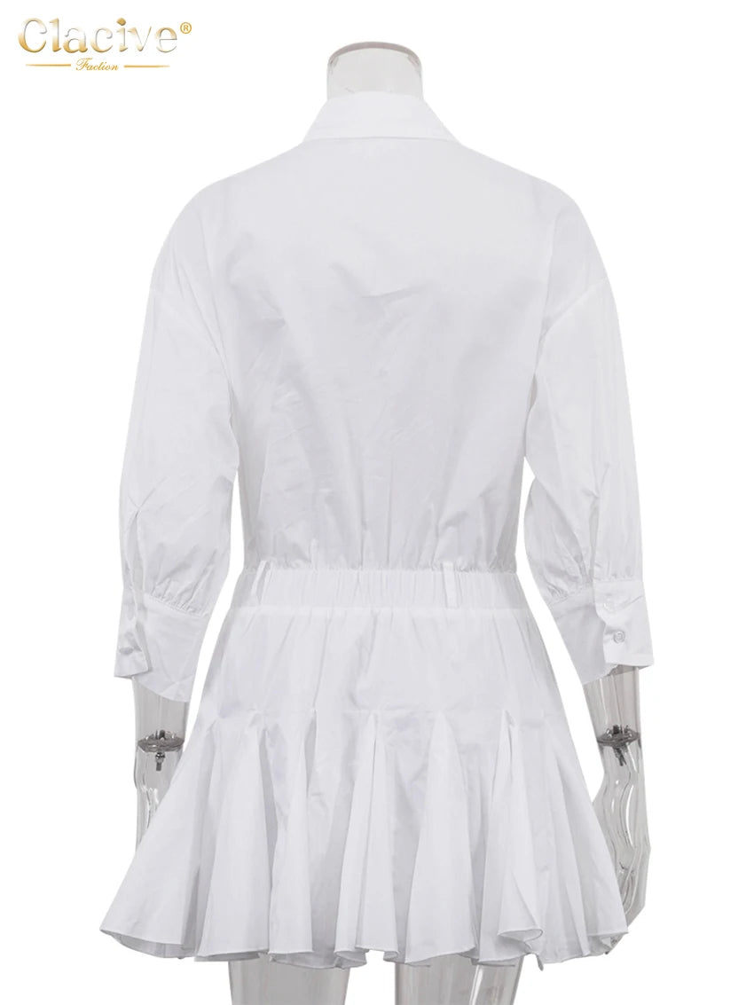 White Cotton Lapel Mini Dress - Long Sleeve Pleated A-Line Dress for Women