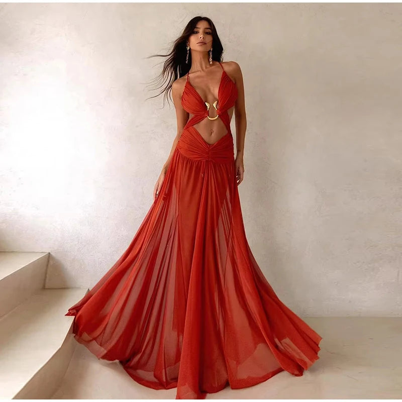 Women's Metal Halter Maxi Dress - Hollow Out Backless Beach Dress