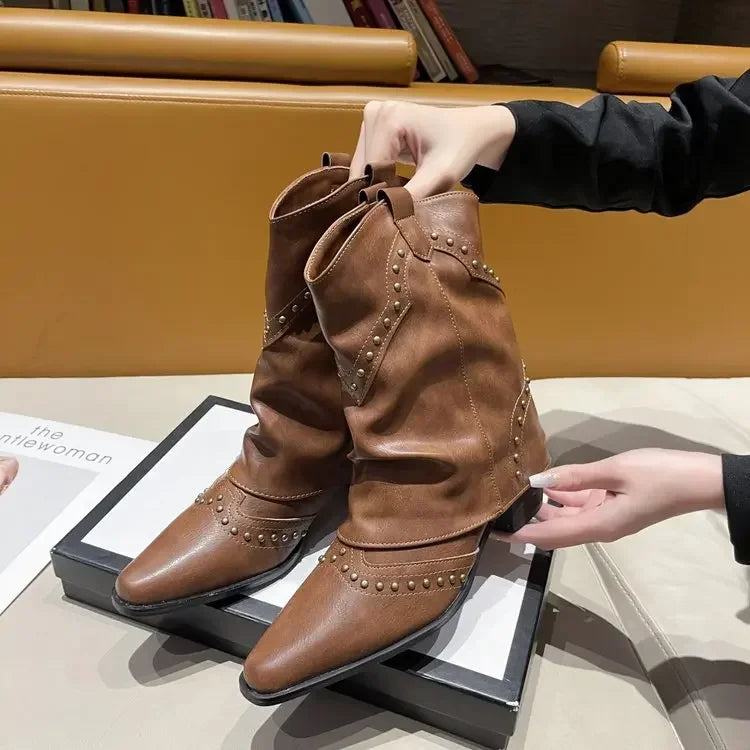 Retro Western Cowboy Boots - Pointed Toe Block Heel Mid-Calf Boots for Women