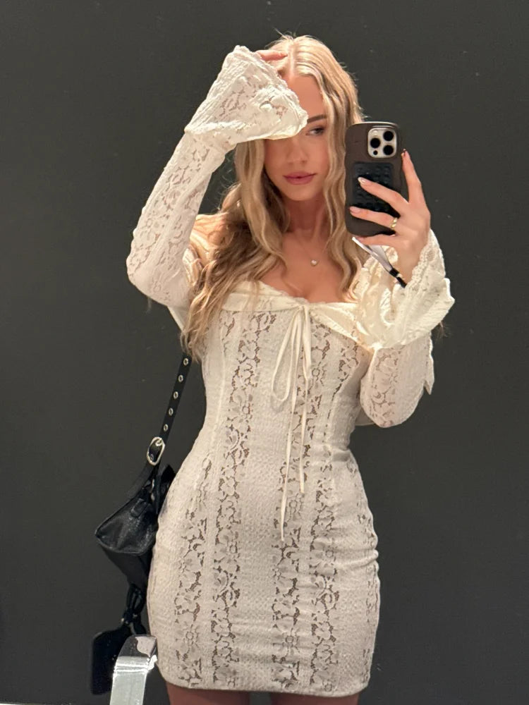 Women's Lace Flare Sleeve Mermaid Dress - Off Shoulder Elegant Floor-Length Gown