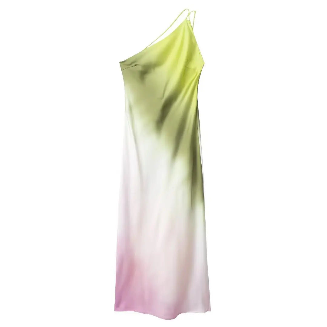 Tie Dye Satin Midi Dress One-Shoulder Backless Evening Dress