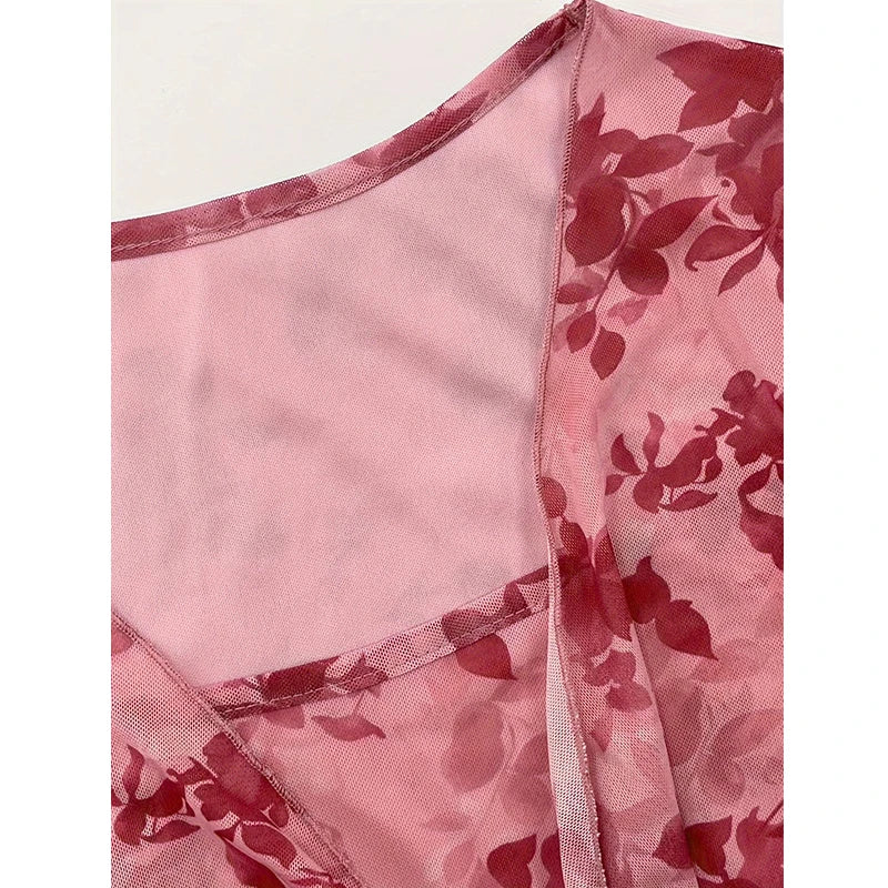 Y2K Floral Mesh Top - Flare Sleeve V-Neck Beach Party Shirt for Women