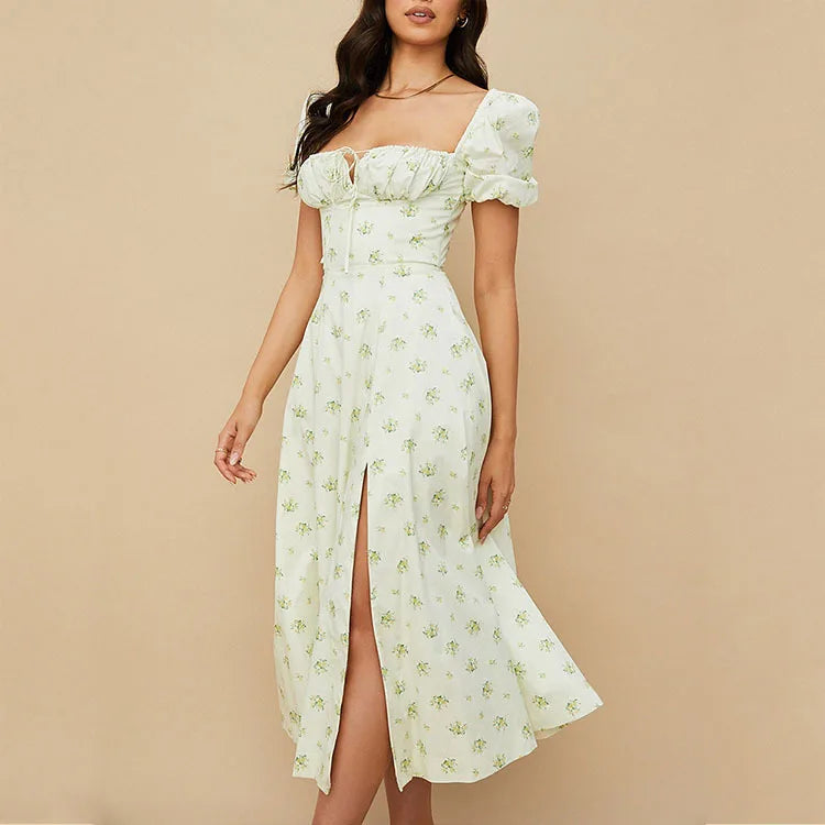 Women's Floral Print Bubble Sleeve Maxi Dress - Square Neck Lace-Up High Waist Split Dress