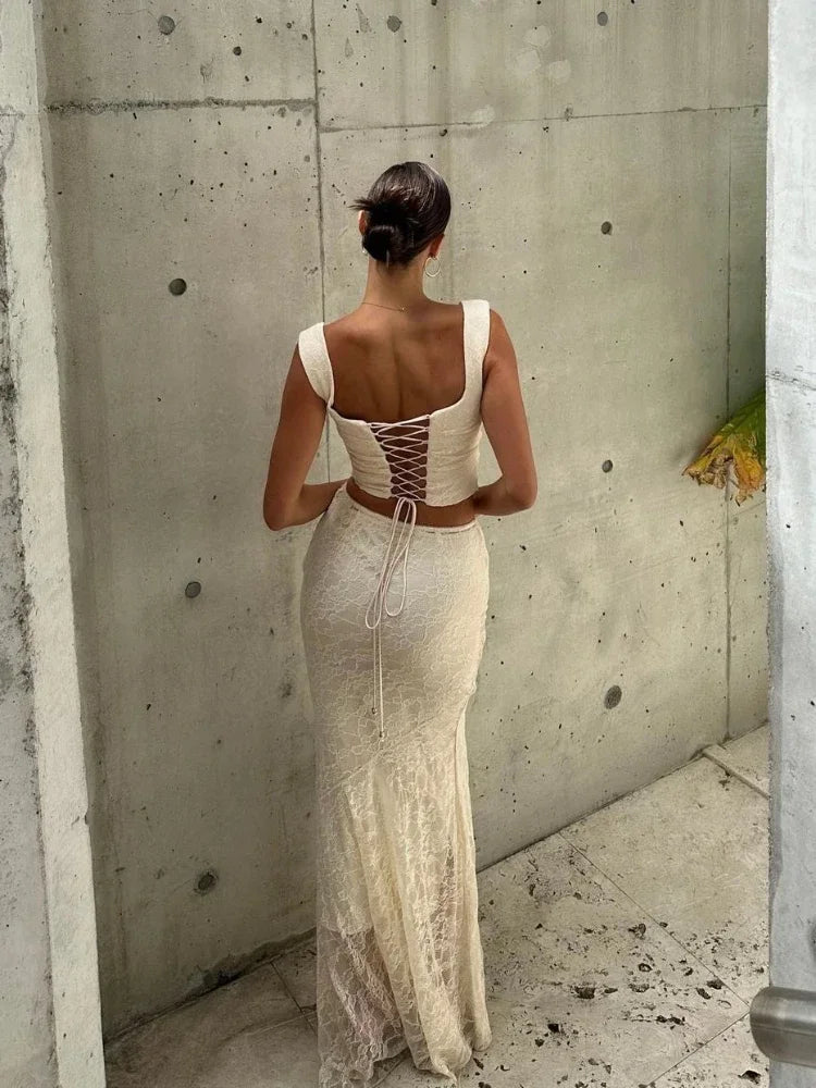 Women's 2-Piece Lace Corset Top and Maxi Skirt Set - Elegant Formal Event Dress
