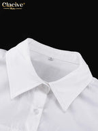 White Cotton Lapel Mini Dress - Long Sleeve Pleated A-Line Dress for Women