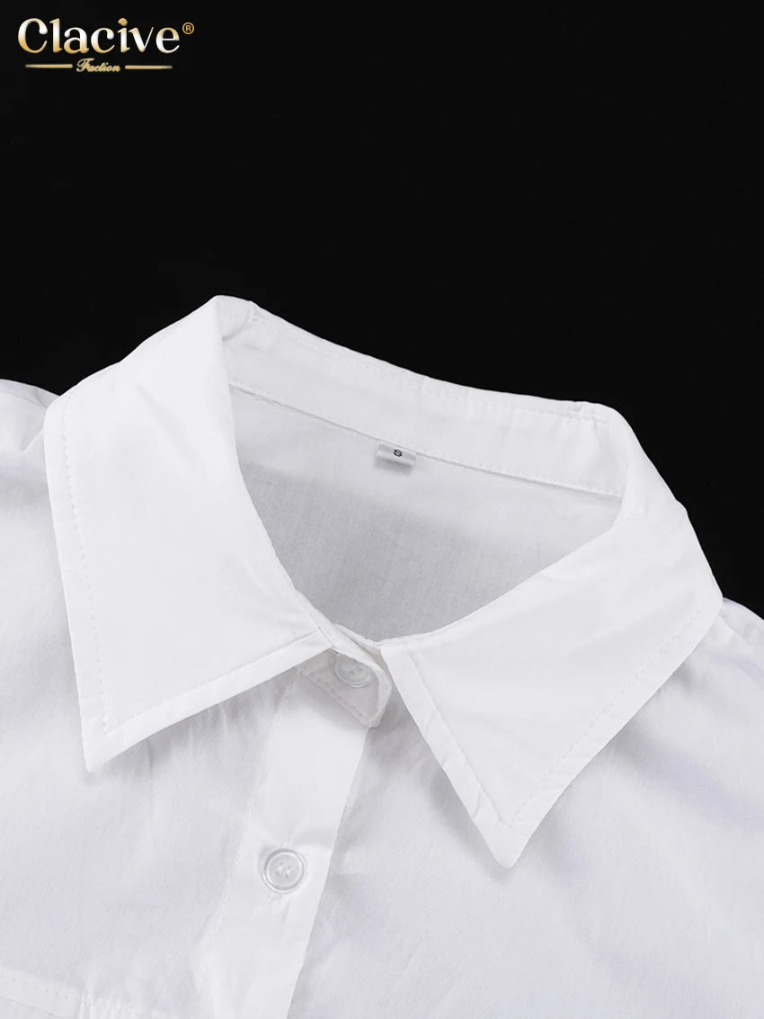 White Cotton Lapel Mini Dress - Long Sleeve Pleated A-Line Dress for Women