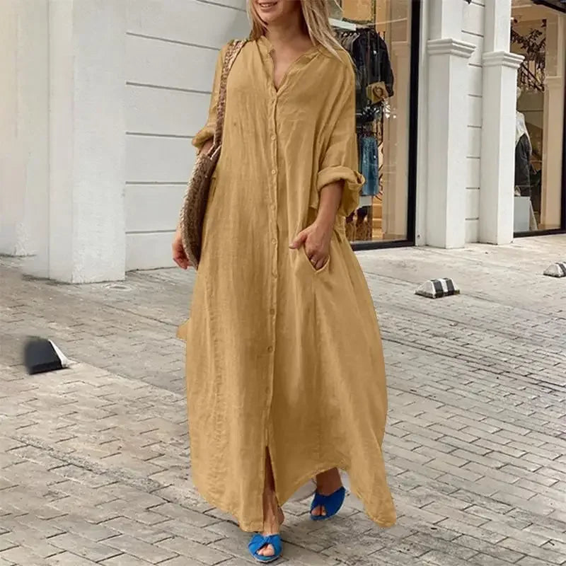 Women's Cotton Linen Maxi Dress - Loose Button Casual Dress