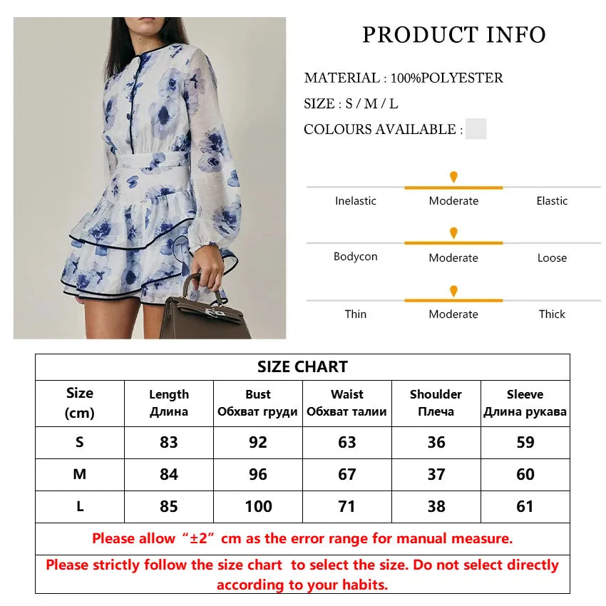 Women's Printed Long Sleeve Mini Dress - O-Neck High Waist Pleated A-Line Dress