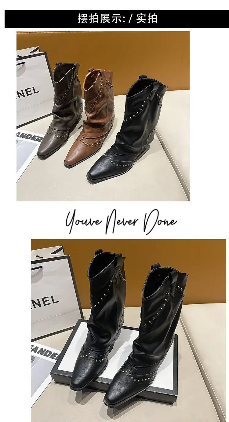 Retro Western Cowboy Boots - Pointed Toe Block Heel Mid-Calf Boots for Women