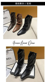 Retro Western Cowboy Boots - Pointed Toe Block Heel Mid-Calf Boots for Women