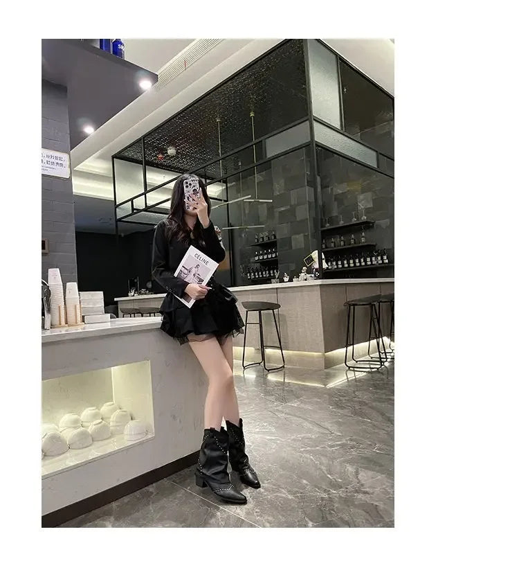 Retro Western Cowboy Boots - Pointed Toe Block Heel Mid-Calf Boots for Women