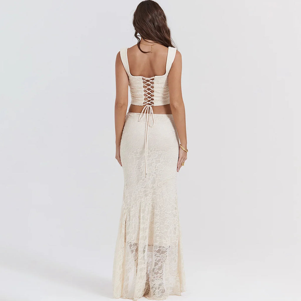 Women's 2-Piece Lace Corset Top and Maxi Skirt Set - Elegant Formal Event Dress