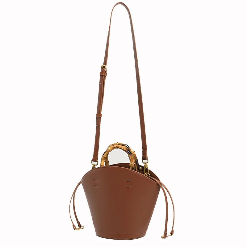 Women's Genuine Leather Tote Bag - Round Wooden Handles Minimalist Shoulder Bag