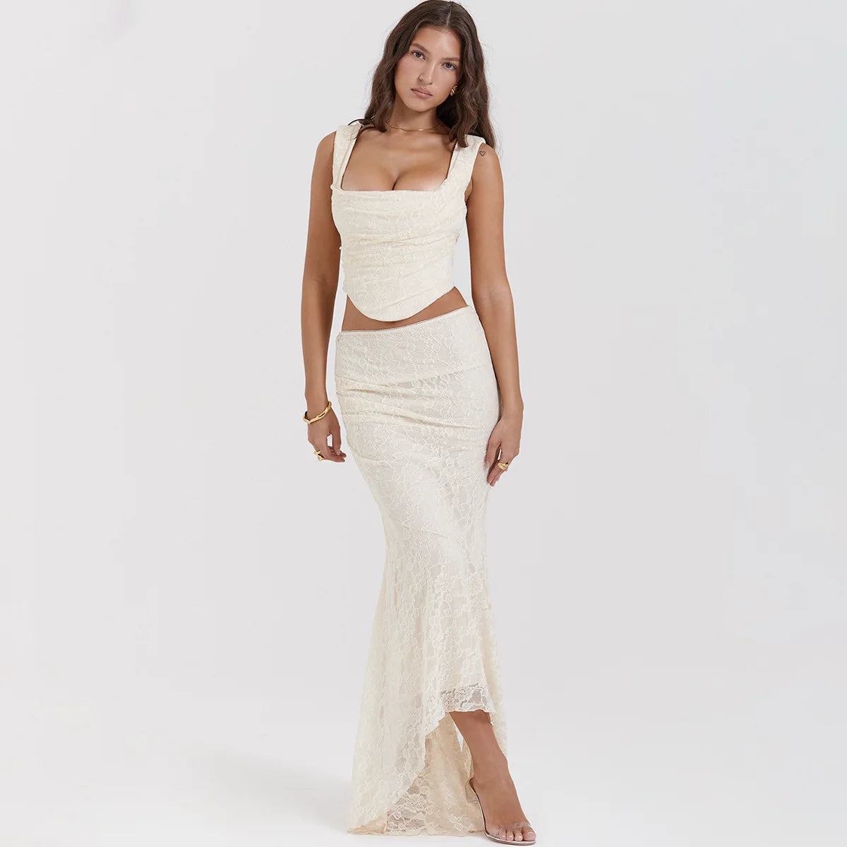 Women's 2-Piece Lace Corset Top and Maxi Skirt Set - Elegant Formal Event Dress