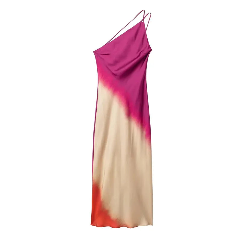 Tie Dye Satin Midi Dress One-Shoulder Backless Evening Dress