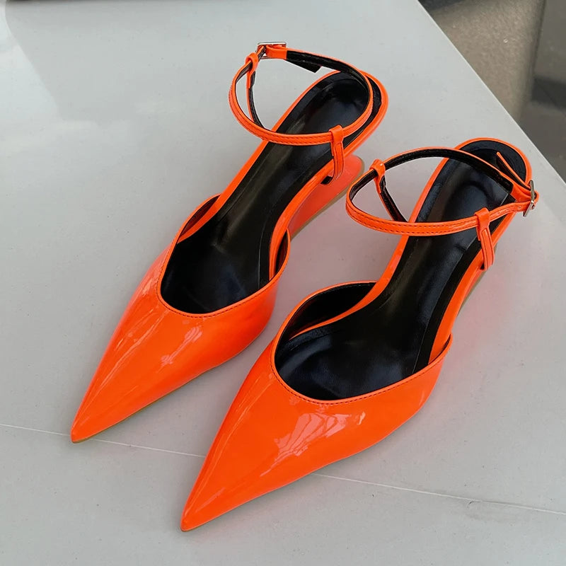 Sculptural Heel Pointed Toe Pumps - Buckle Strap Fashion Heels for Women