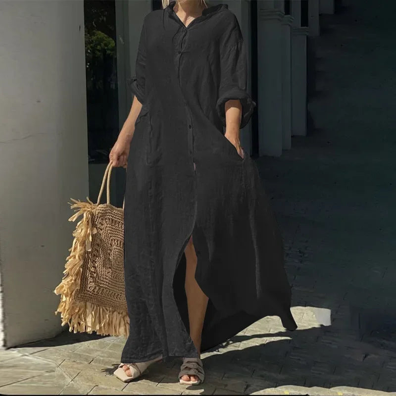 Women's Cotton Linen Maxi Dress - Loose Button Casual Dress