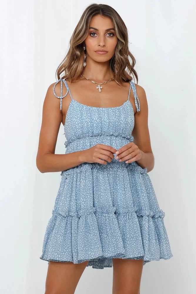 Floral Chiffon Spaghetti Strap Mini Dress - Backless Bow Vacation Dress for Women