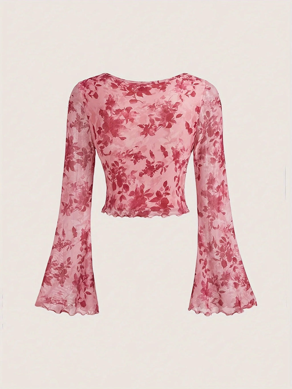 Y2K Floral Mesh Top - Flare Sleeve V-Neck Beach Party Shirt for Women