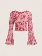 Y2K Floral Mesh Top - Flare Sleeve V-Neck Beach Party Shirt for Women