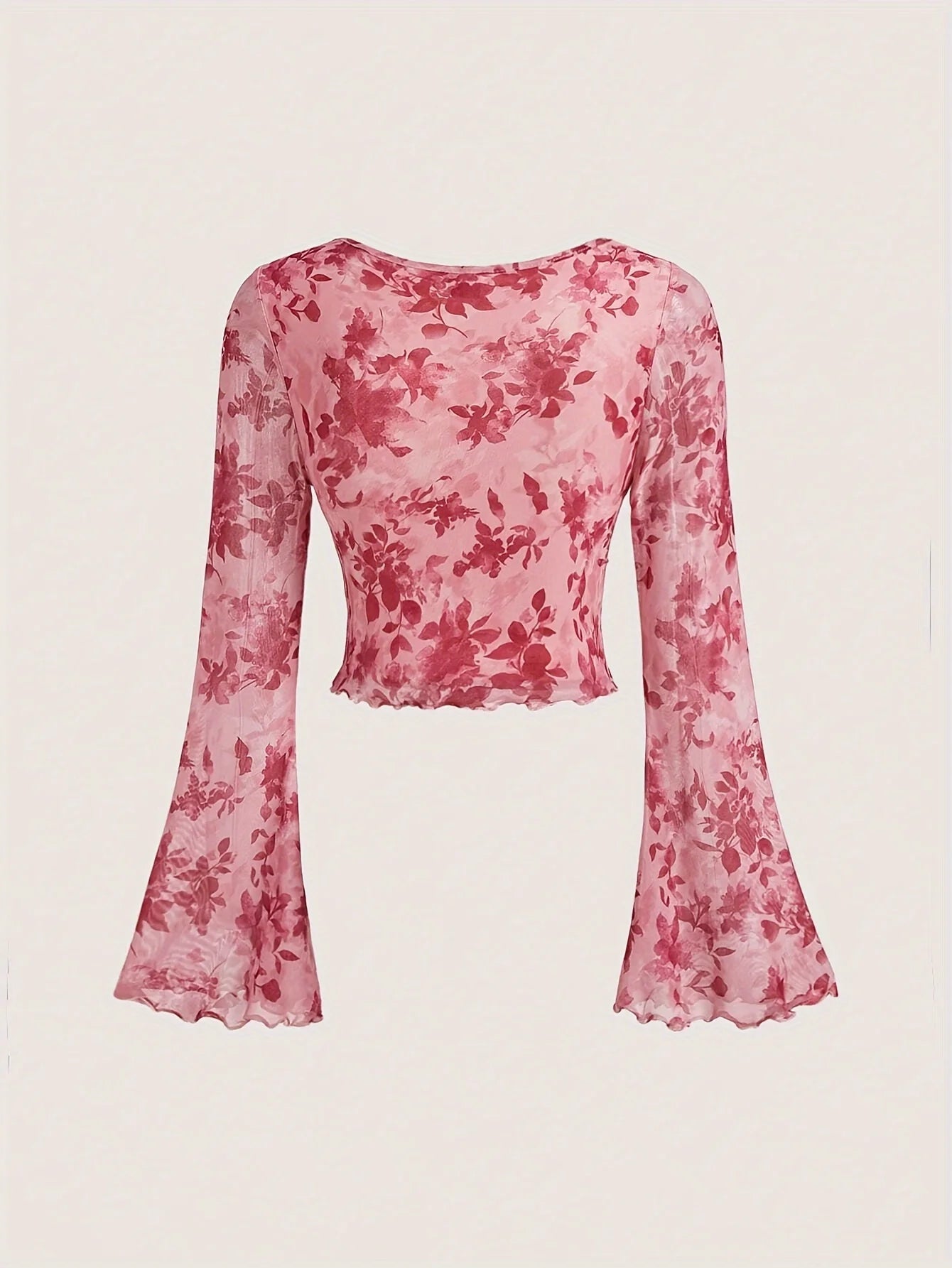 Y2K Floral Mesh Top - Flare Sleeve V-Neck Beach Party Shirt for Women
