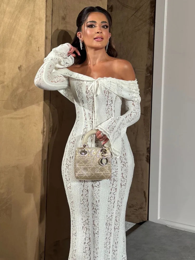 Women's Lace Flare Sleeve Mermaid Dress - Off Shoulder Elegant Floor-Length Gown