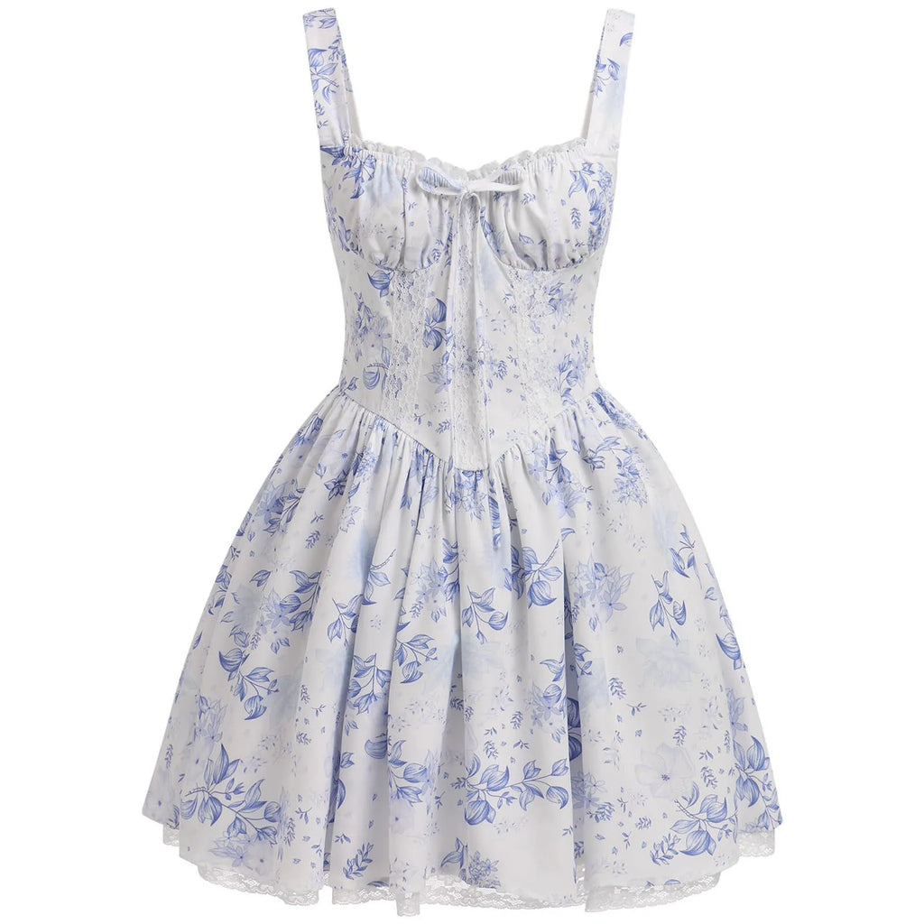 Women's Boho Lace Corset Mini Dress - Backless Ruffle Tie-Up Summer Dress