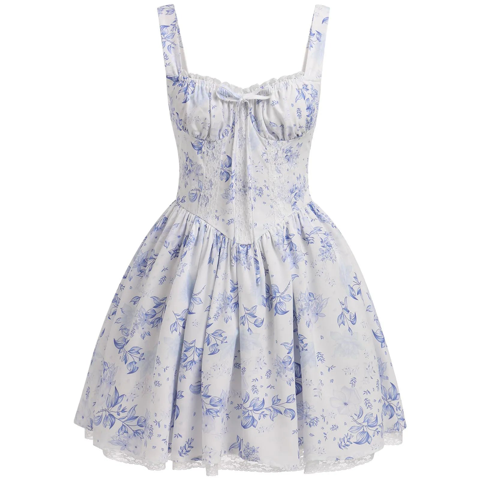 Women's Boho Lace Corset Mini Dress - Backless Ruffle Tie-Up Summer Dress