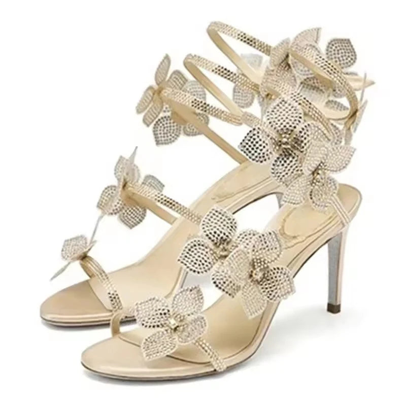Aneikeh Luxury Designer Pink Flower Rhinestone High Heels Sandals Shoe Sexy Wrap Strap Open Toe Stripper Prom Party Ladies Shoes