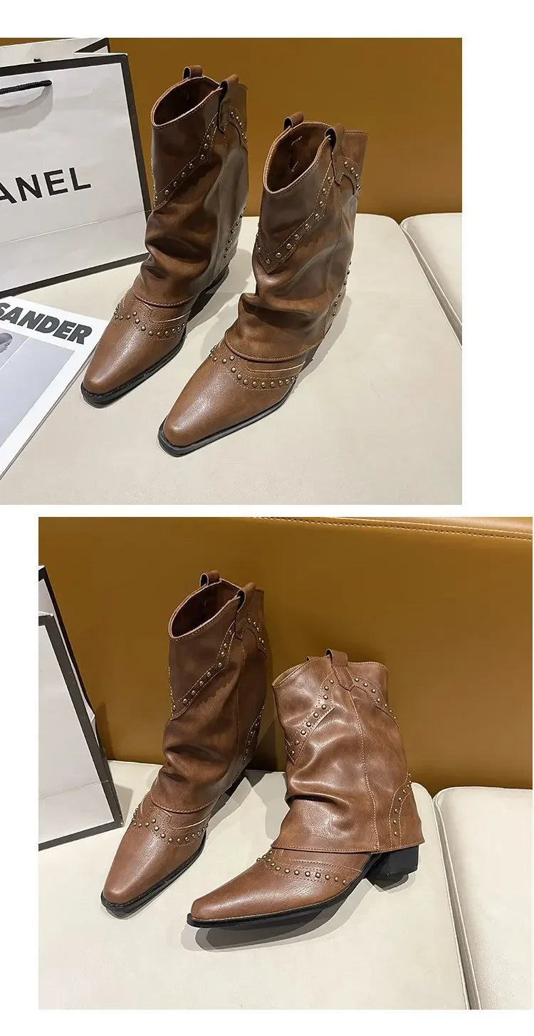 Retro Western Cowboy Boots - Pointed Toe Block Heel Mid-Calf Boots for Women