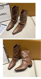 Retro Western Cowboy Boots - Pointed Toe Block Heel Mid-Calf Boots for Women