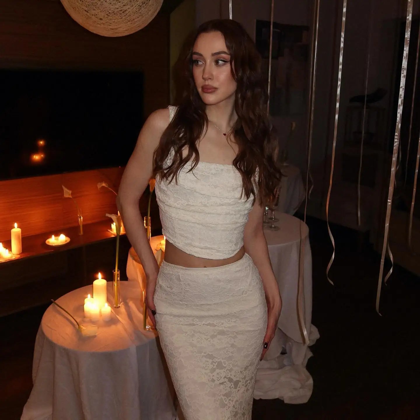 Women's 2-Piece Lace Corset Top and Maxi Skirt Set - Elegant Formal Event Dress