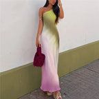 Tie Dye Satin Midi Dress One-Shoulder Backless Evening Dress