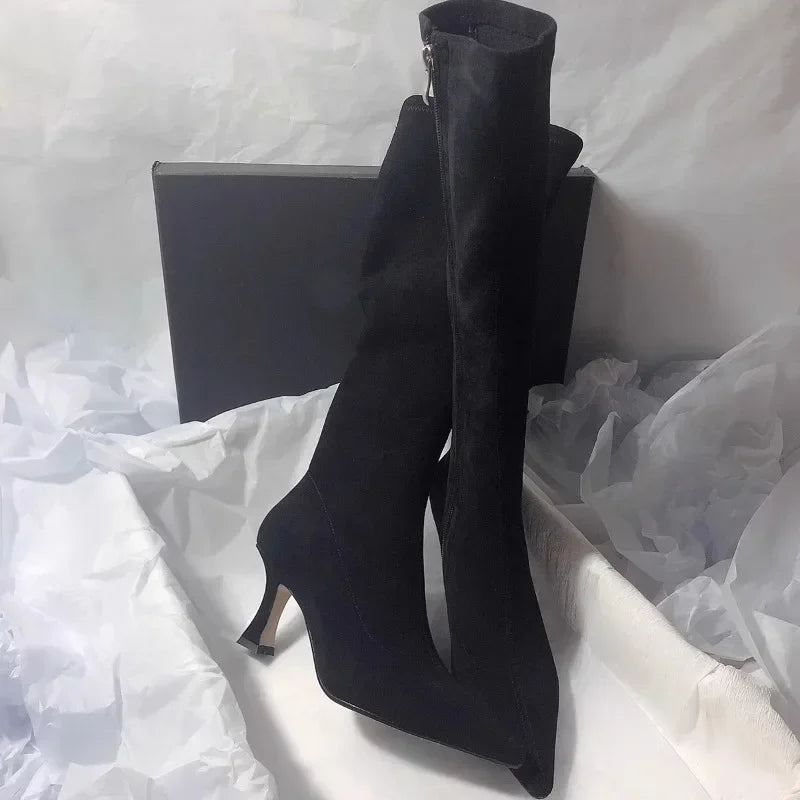 Pointed Toe Knee-High Boots - Square Heel Side Zip Suede Boots for Women
