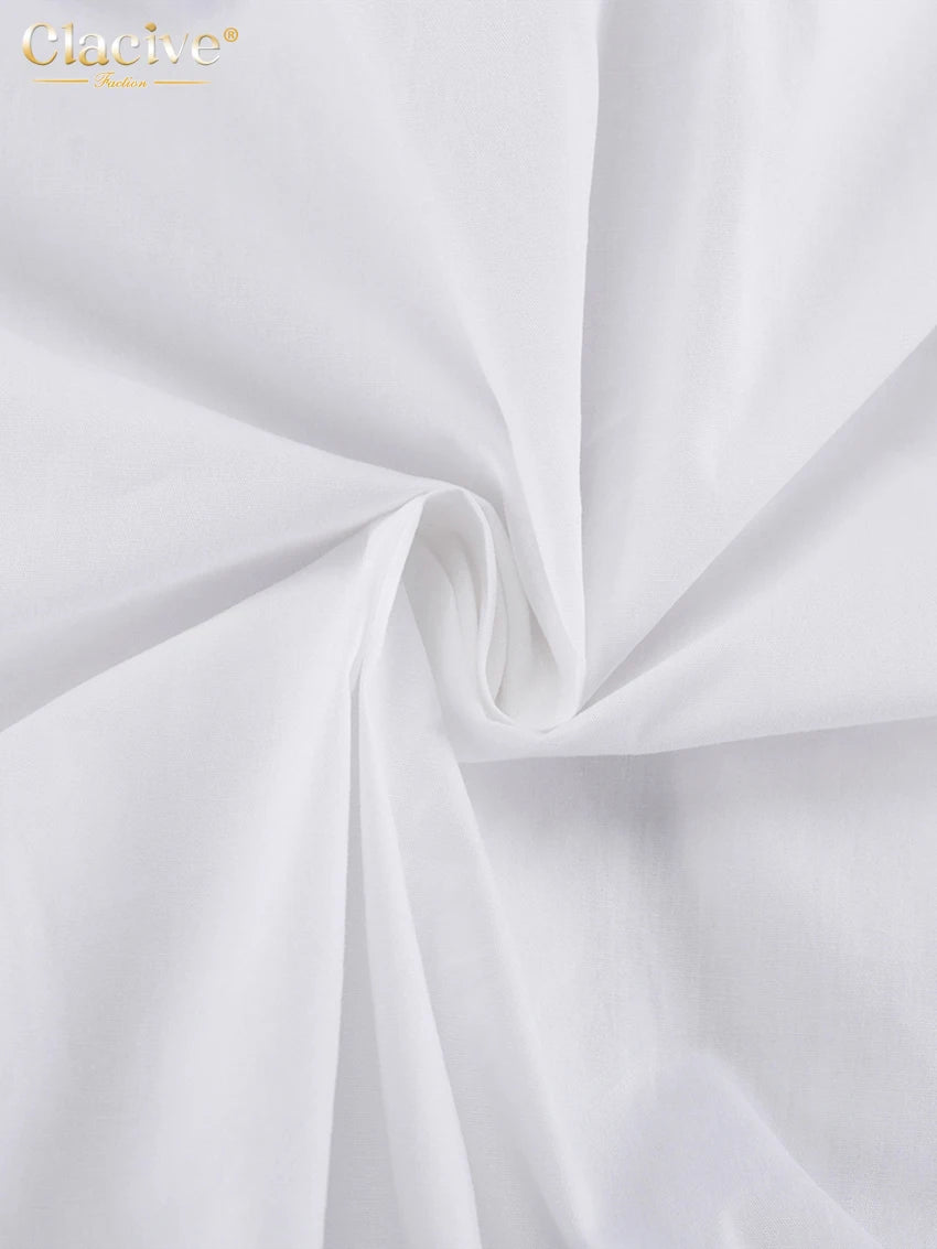 White Cotton Lapel Mini Dress - Long Sleeve Pleated A-Line Dress for Women