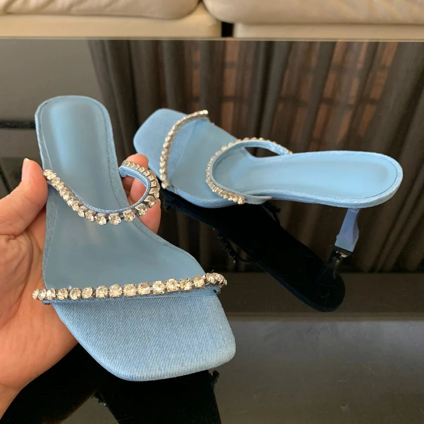 Women's Crystal Rhinestone Heeled Mule Sandals