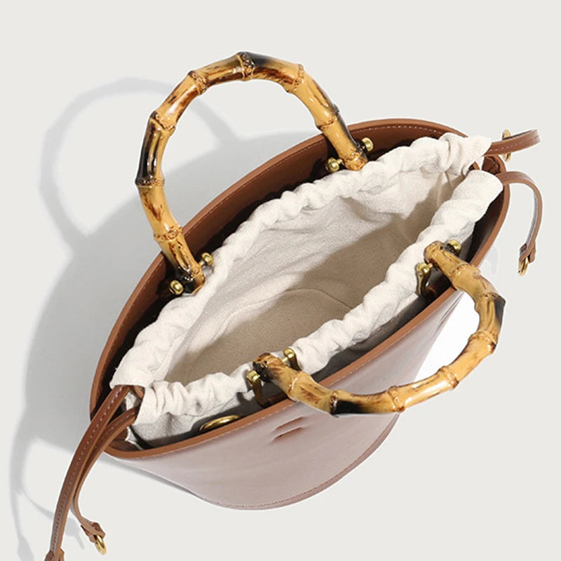Women's Genuine Leather Tote Bag - Round Wooden Handles Minimalist Shoulder Bag