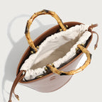 Women's Genuine Leather Tote Bag - Round Wooden Handles Minimalist Shoulder Bag