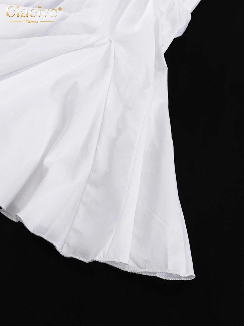 White Cotton Lapel Mini Dress - Long Sleeve Pleated A-Line Dress for Women