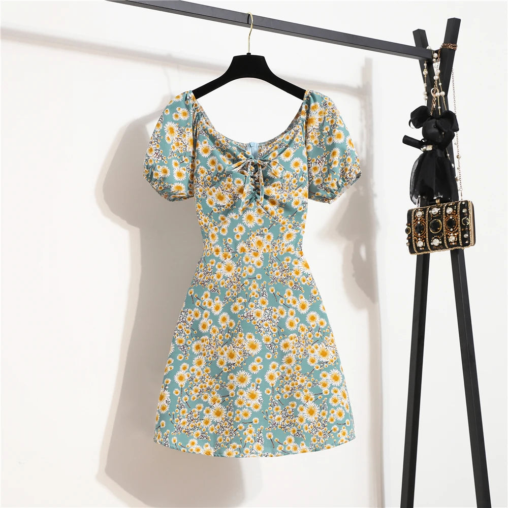 Women's Floral Chiffon Mini Dress - Puff Sleeve V-Neck Casual Dress