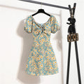 Women's Floral Chiffon Mini Dress - Puff Sleeve V-Neck Casual Dress