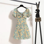Women's Floral Chiffon Mini Dress - Puff Sleeve V-Neck Casual Dress