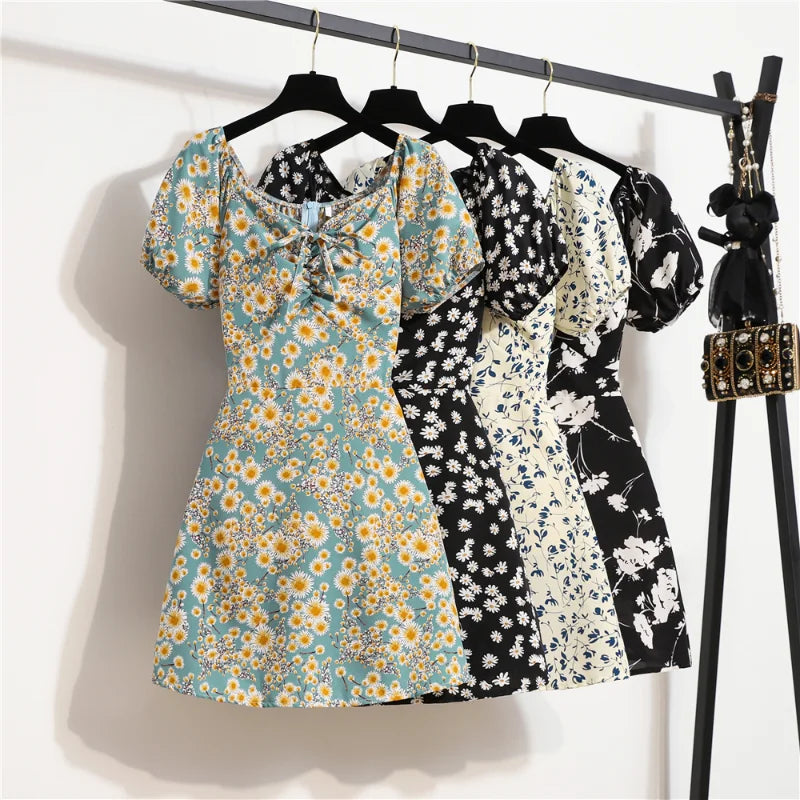 Women's Floral Chiffon Mini Dress - Puff Sleeve V-Neck Casual Dress