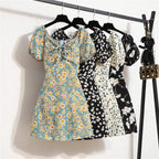 Women's Floral Chiffon Mini Dress - Puff Sleeve V-Neck Casual Dress