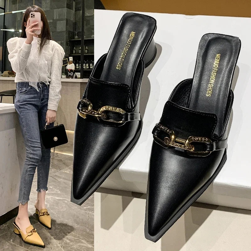 Block Heel Mules - Closed Toe Slip-On Loafers for Women