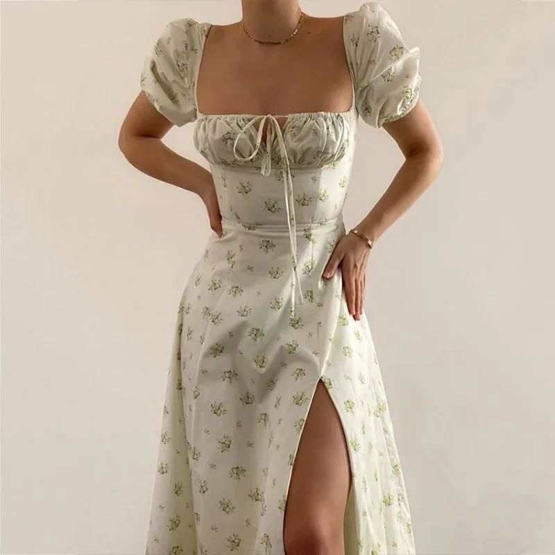 Women's Floral Print Bubble Sleeve Maxi Dress - Square Neck Lace-Up High Waist Split Dress