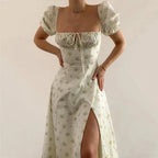 Women's Floral Print Bubble Sleeve Maxi Dress - Square Neck Lace-Up High Waist Split Dress