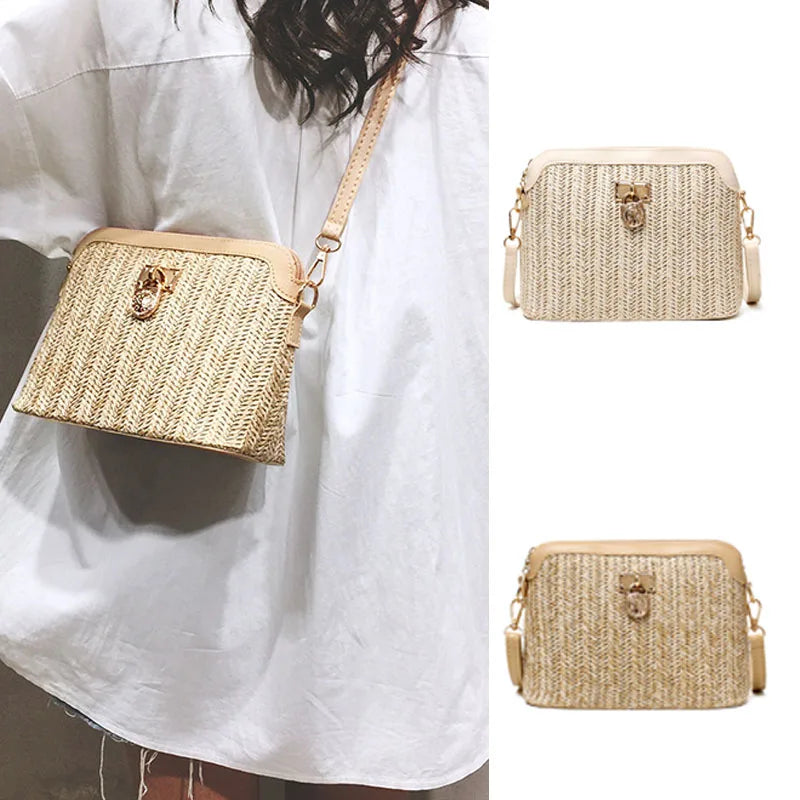 Women's Boho Straw Shell Crossbody Bag - Woven Rattan Beach Shoulder Purse