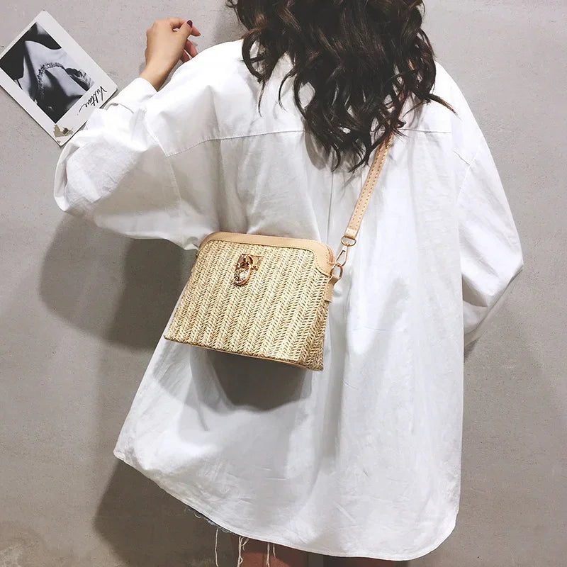 Women's Boho Straw Shell Crossbody Bag - Woven Rattan Beach Shoulder Purse